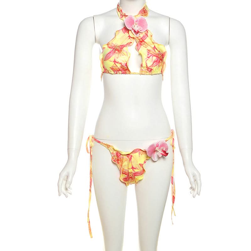 Halter self tie print flower applique pant set  | Festival Outfits Women-final-sale