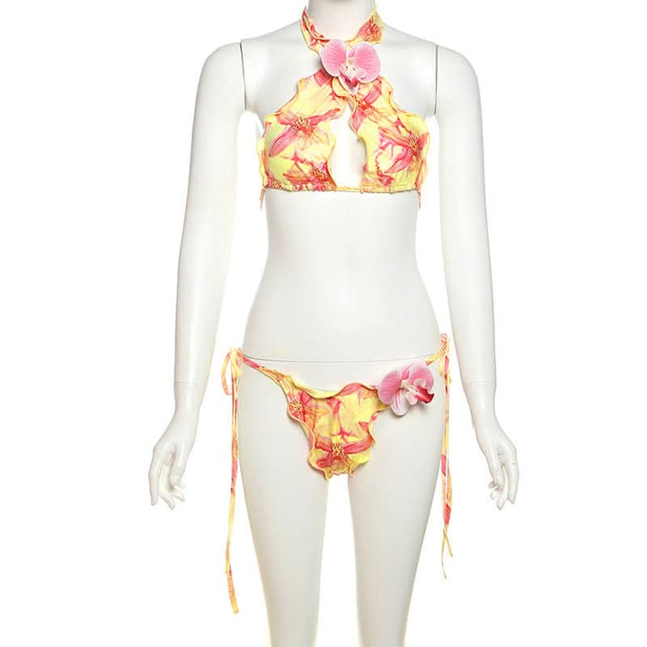 Halter self tie print flower applique pant set  | Festival Outfits Women-final-sale