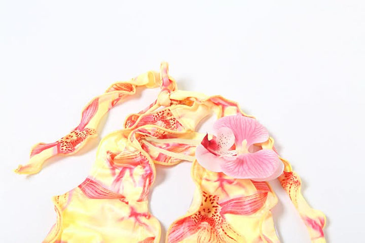 Halter self tie print flower applique pant set  | Festival Outfits Women-final-sale
