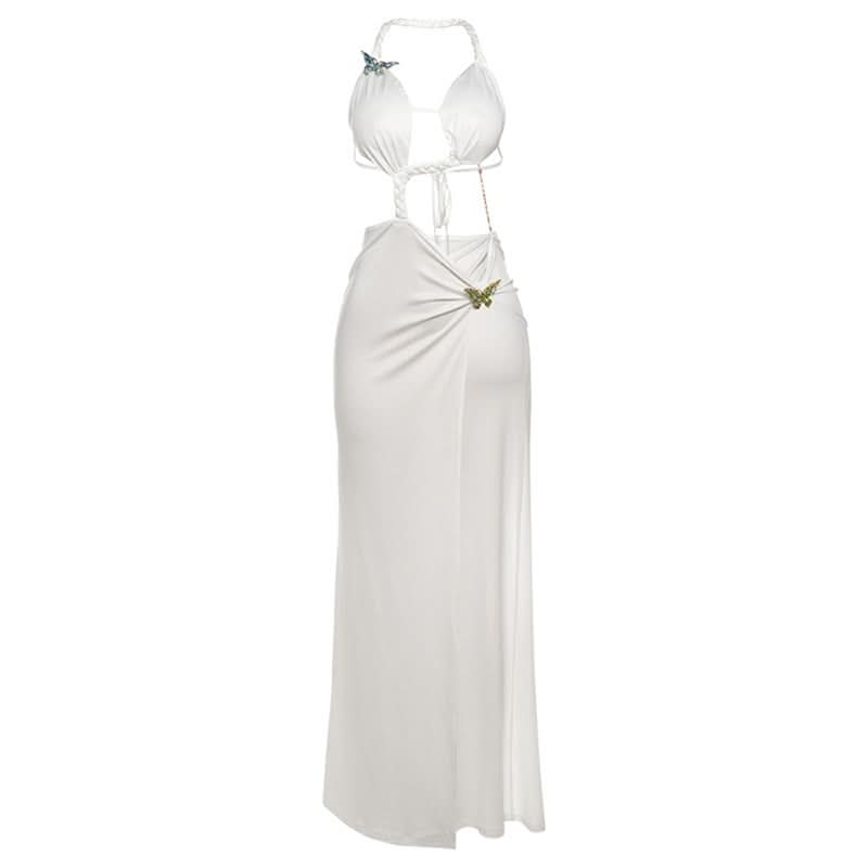 Slit hollow out halter butterfly applique cut out maxi dress  | Festival Outfits Women-final-sale