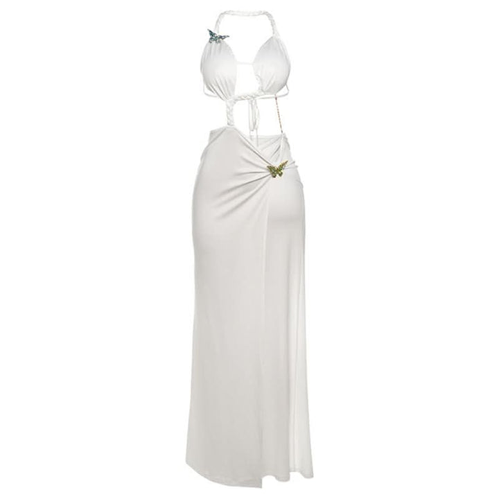 Slit hollow out halter butterfly applique cut out maxi dress  | Festival Outfits Women-final-sale