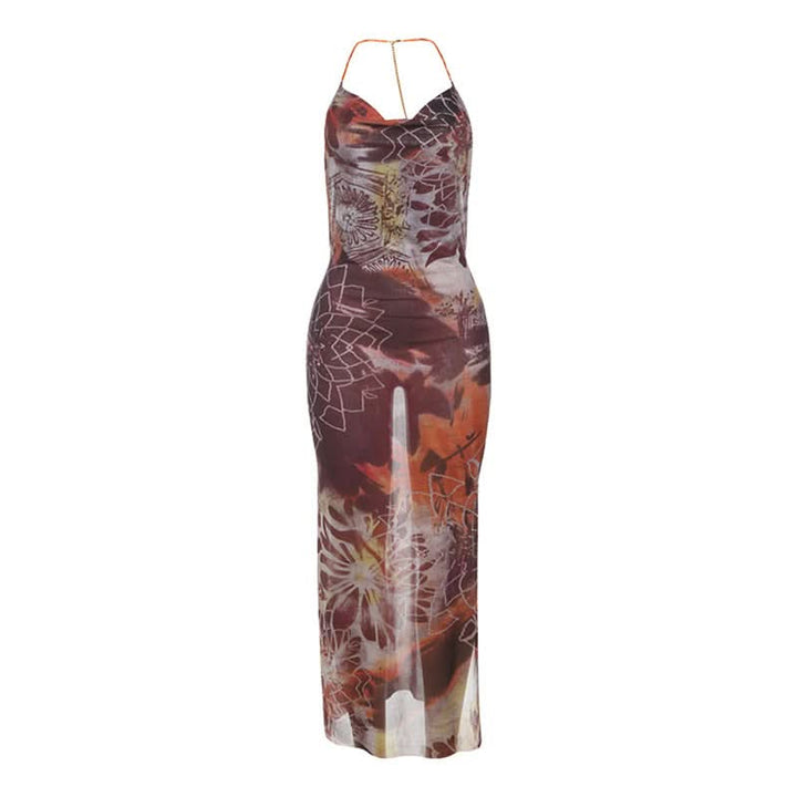 Beaded halter cowl neck print slit maxi dress  | Festival Outfits Women