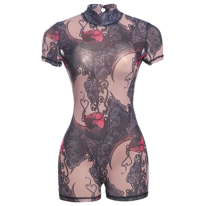 Short sleeve high neck print button romper-final-sale