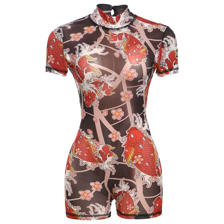 Short sleeve high neck print button romper-final-sale