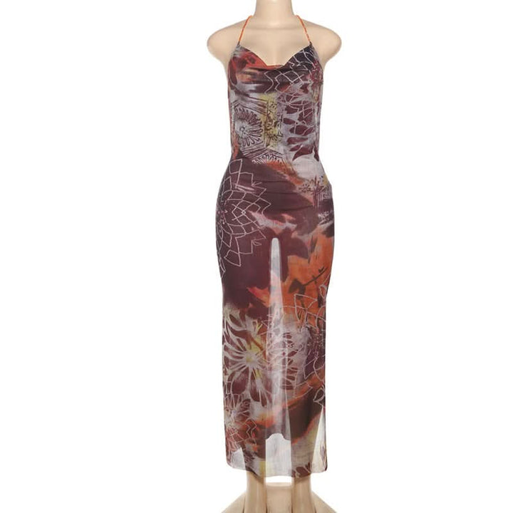 Beaded halter cowl neck print slit maxi dress  | Festival Outfits Women