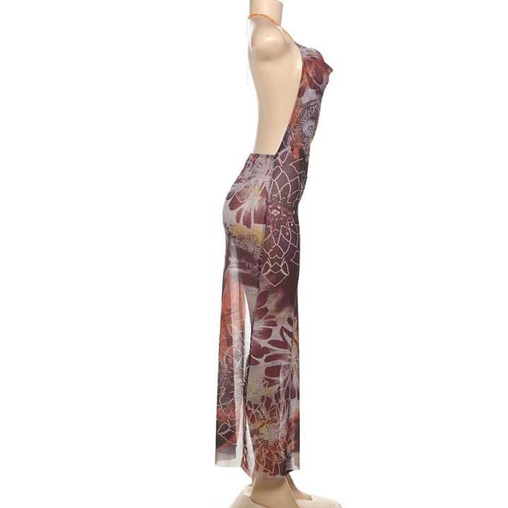 Beaded halter cowl neck print slit maxi dress  | Festival Outfits Women