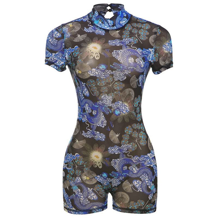 Short sleeve high neck print button romper-final-sale