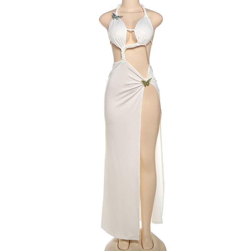 Slit hollow out halter butterfly applique cut out maxi dress  | Festival Outfits Women-final-sale