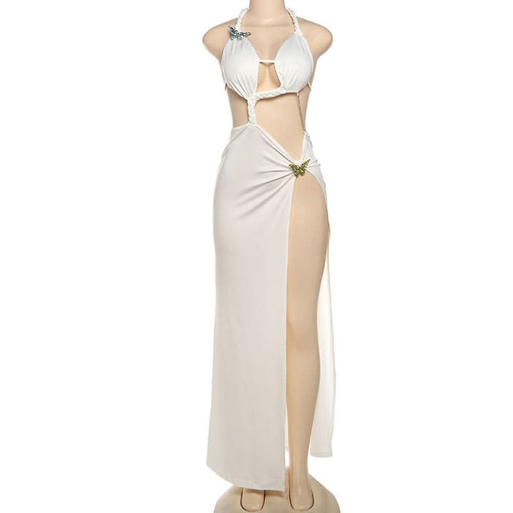 Slit hollow out halter butterfly applique cut out maxi dress  | Festival Outfits Women-final-sale