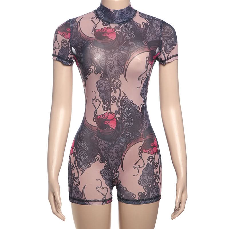 Short sleeve high neck print button romper-final-sale