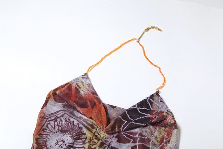 Beaded halter cowl neck print slit maxi dress  | Festival Outfits Women