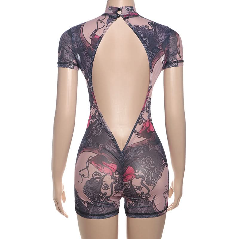 Short sleeve high neck print button romper-final-sale
