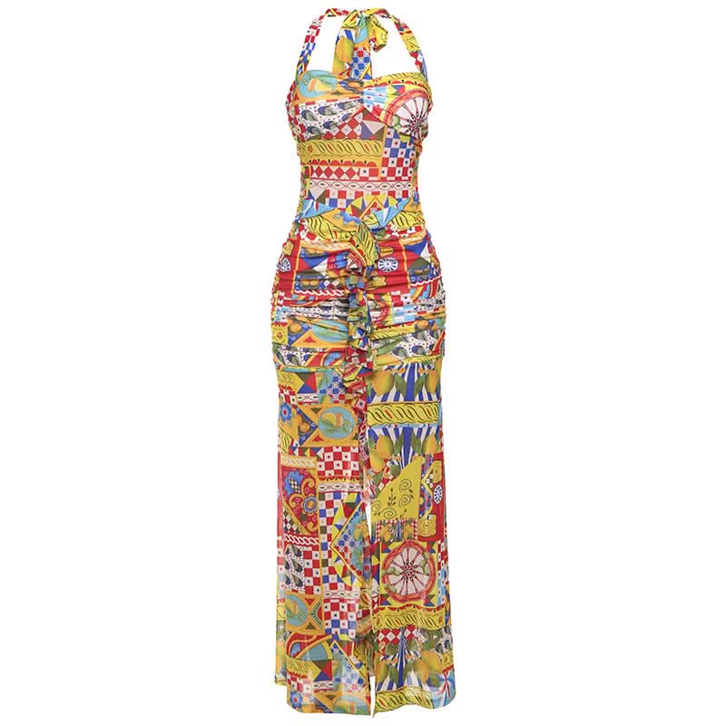 Print ruched halter self tie backless maxi dress  | Festival Outfits Women-final-sale