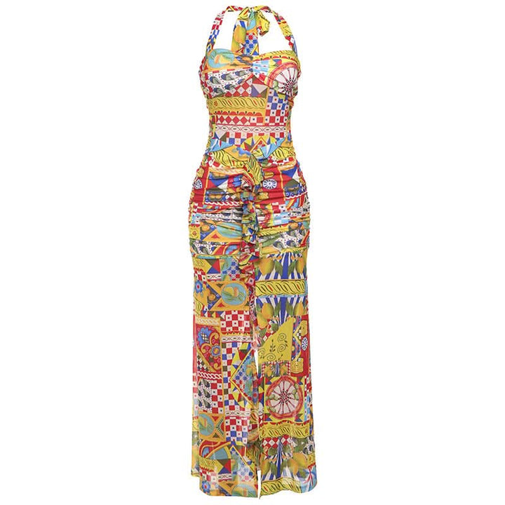 Print ruched halter self tie backless maxi dress  | Festival Outfits Women-final-sale