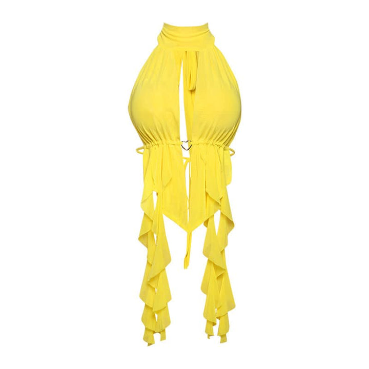 Hollow out ruched self tie halter cut out top  | Festival Outfits Women