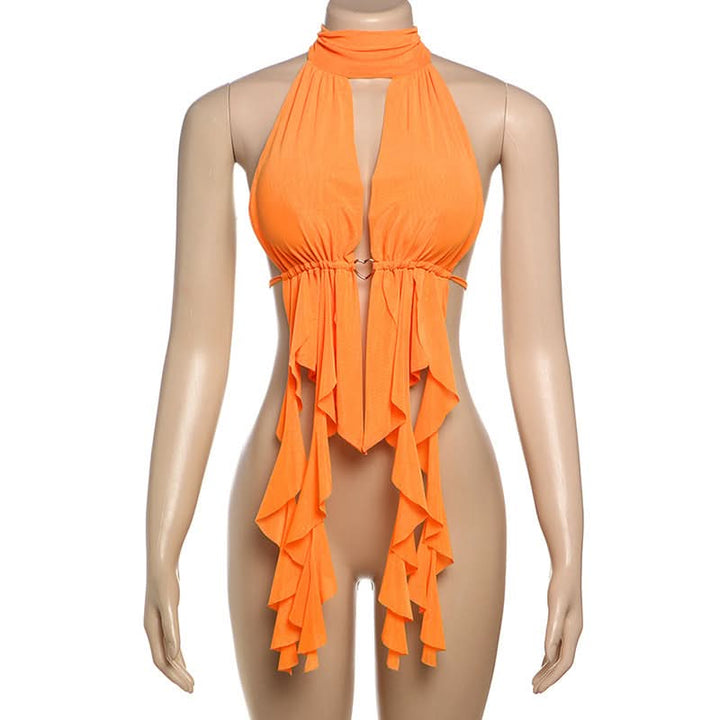 Hollow out ruched self tie halter cut out top  | Festival Outfits Women
