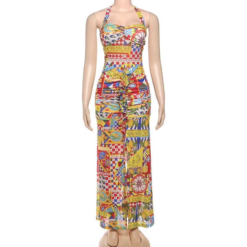 Print ruched halter self tie backless maxi dress  | Festival Outfits Women-final-sale