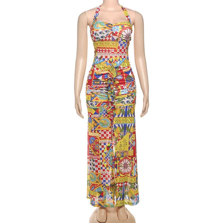 Print ruched halter self tie backless maxi dress  | Festival Outfits Women-final-sale