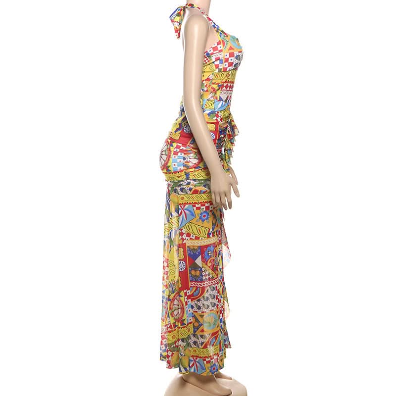 Print ruched halter self tie backless maxi dress  | Festival Outfits Women-final-sale