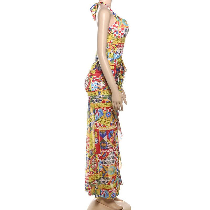 Print ruched halter self tie backless maxi dress  | Festival Outfits Women-final-sale