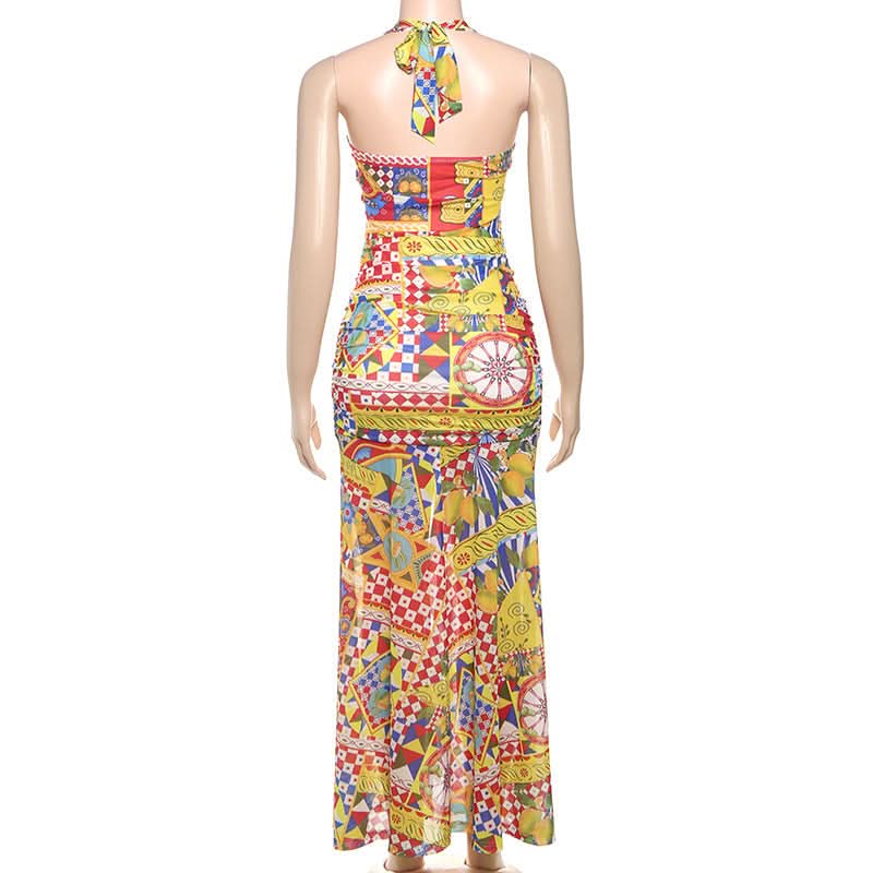 Print ruched halter self tie backless maxi dress  | Festival Outfits Women-final-sale