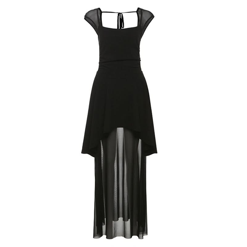 Mesh square neck self tie backless maxi dress  | Festival Outfits Women