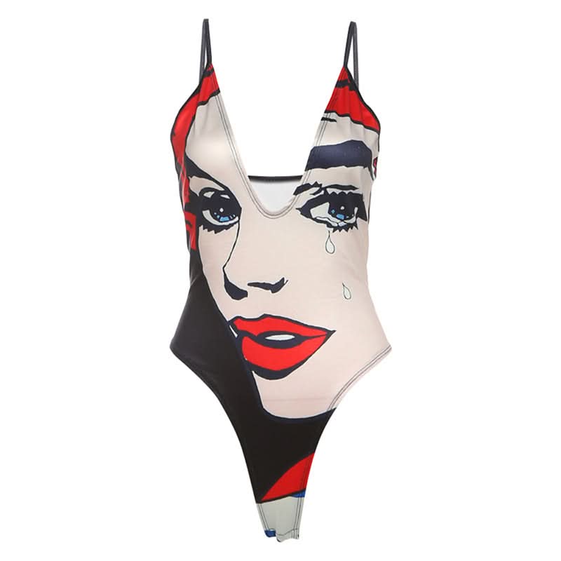 V neck portrait print button cami bodysuit  | Festival Outfits Women