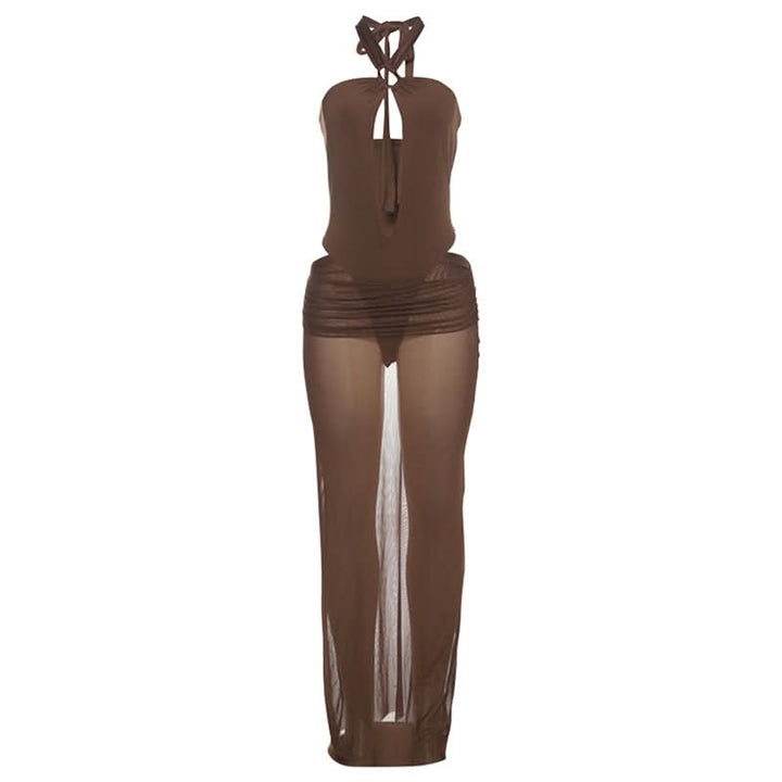 Hollow out button halter ruched maxi skirt set  | Festival Outfits Women