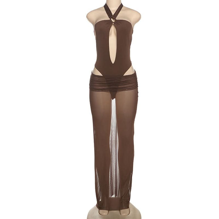 Hollow out button halter ruched maxi skirt set  | Festival Outfits Women