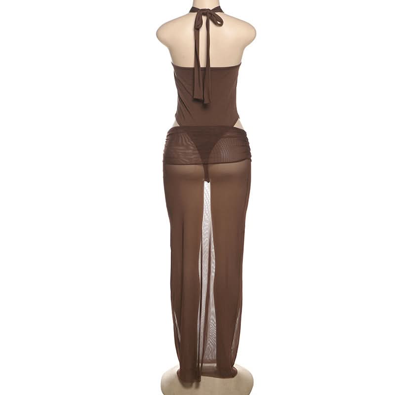 Hollow out button halter ruched maxi skirt set  | Festival Outfits Women