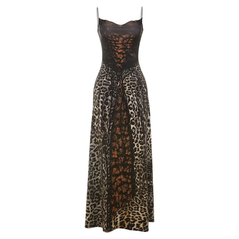 Leopard print lace up spaghetti strap maxi dress  | Festival Outfits Women-final-sale