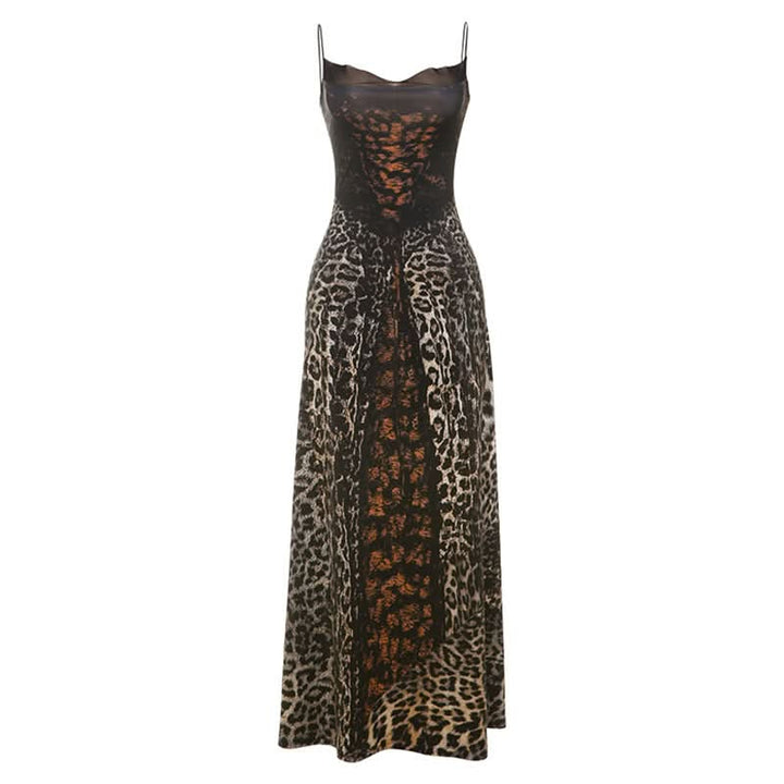Leopard print lace up spaghetti strap maxi dress  | Festival Outfits Women-final-sale