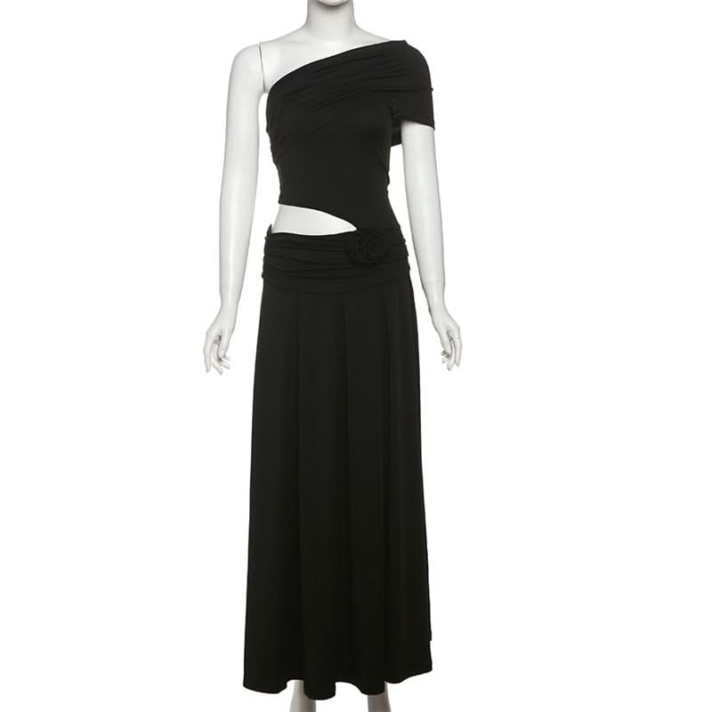 Irregular one shoulder flower applique maxi dress  | Festival Outfits Women