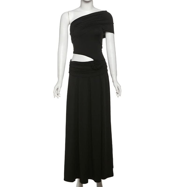 Irregular one shoulder flower applique maxi dress  | Festival Outfits Women