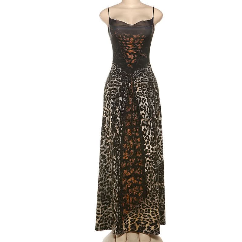 Leopard print lace up spaghetti strap maxi dress  | Festival Outfits Women-final-sale