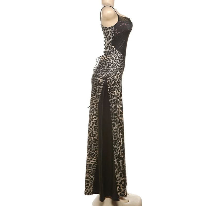 Leopard print lace up spaghetti strap maxi dress  | Festival Outfits Women-final-sale