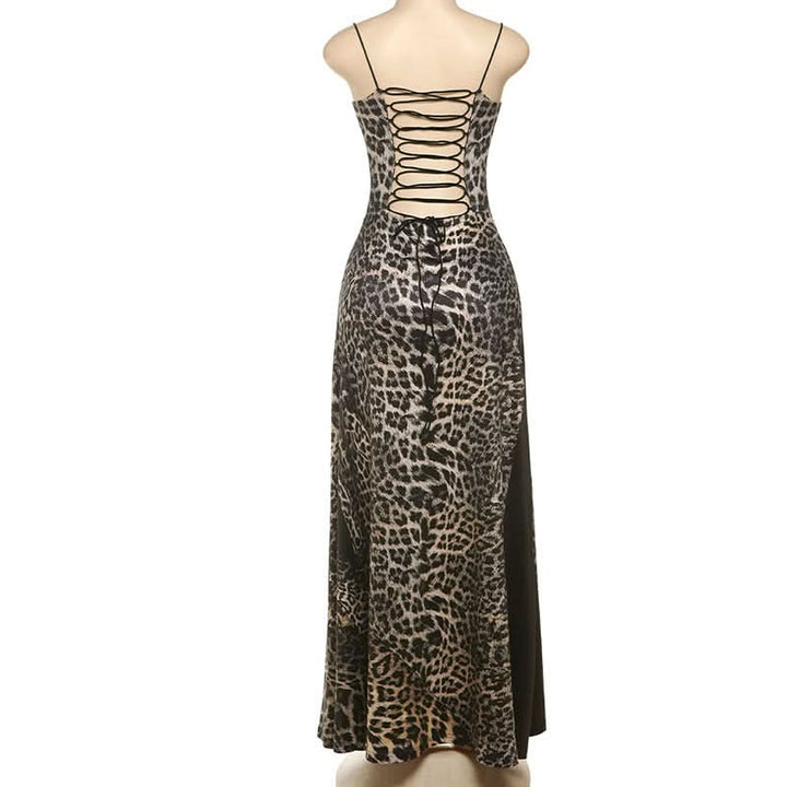 Leopard print lace up spaghetti strap maxi dress  | Festival Outfits Women-final-sale
