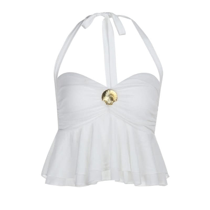Halter self tie ruched mesh solid top  | Festival Outfits Women
