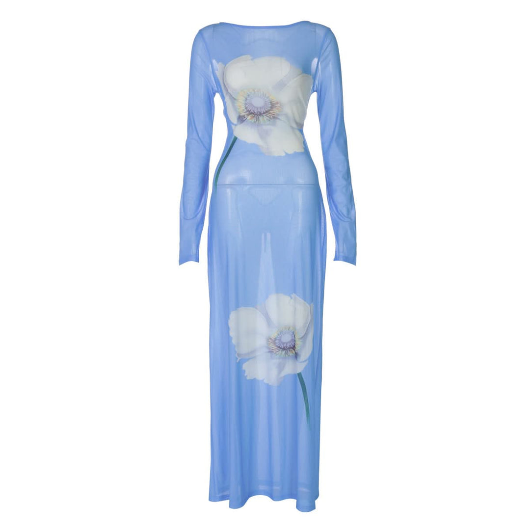Long sleeve flower print self tie mesh maxi dress  | Festival Outfits Women
