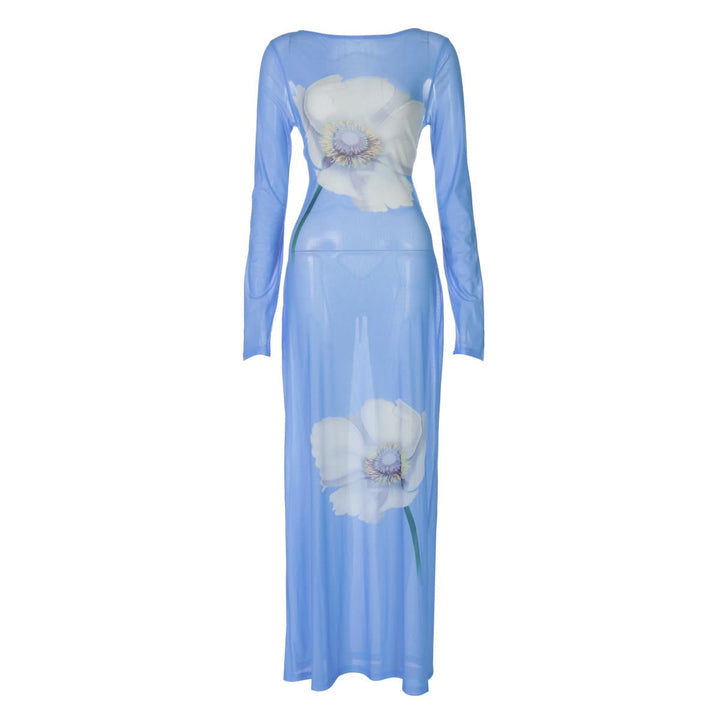 Long sleeve flower print self tie mesh maxi dress  | Festival Outfits Women