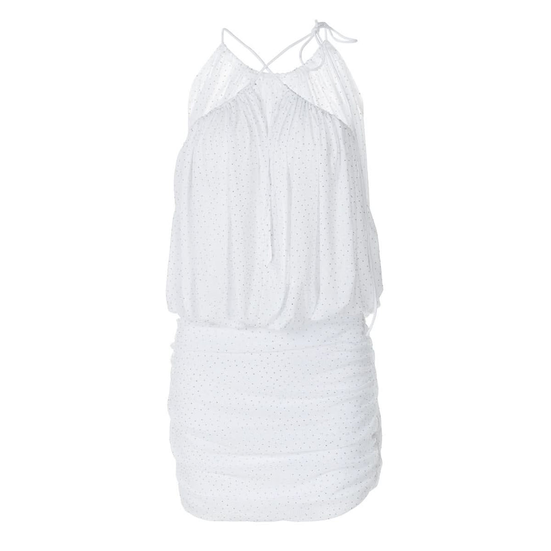 Ruched mesh beaded cross front mini dress  | Festival Outfits Women