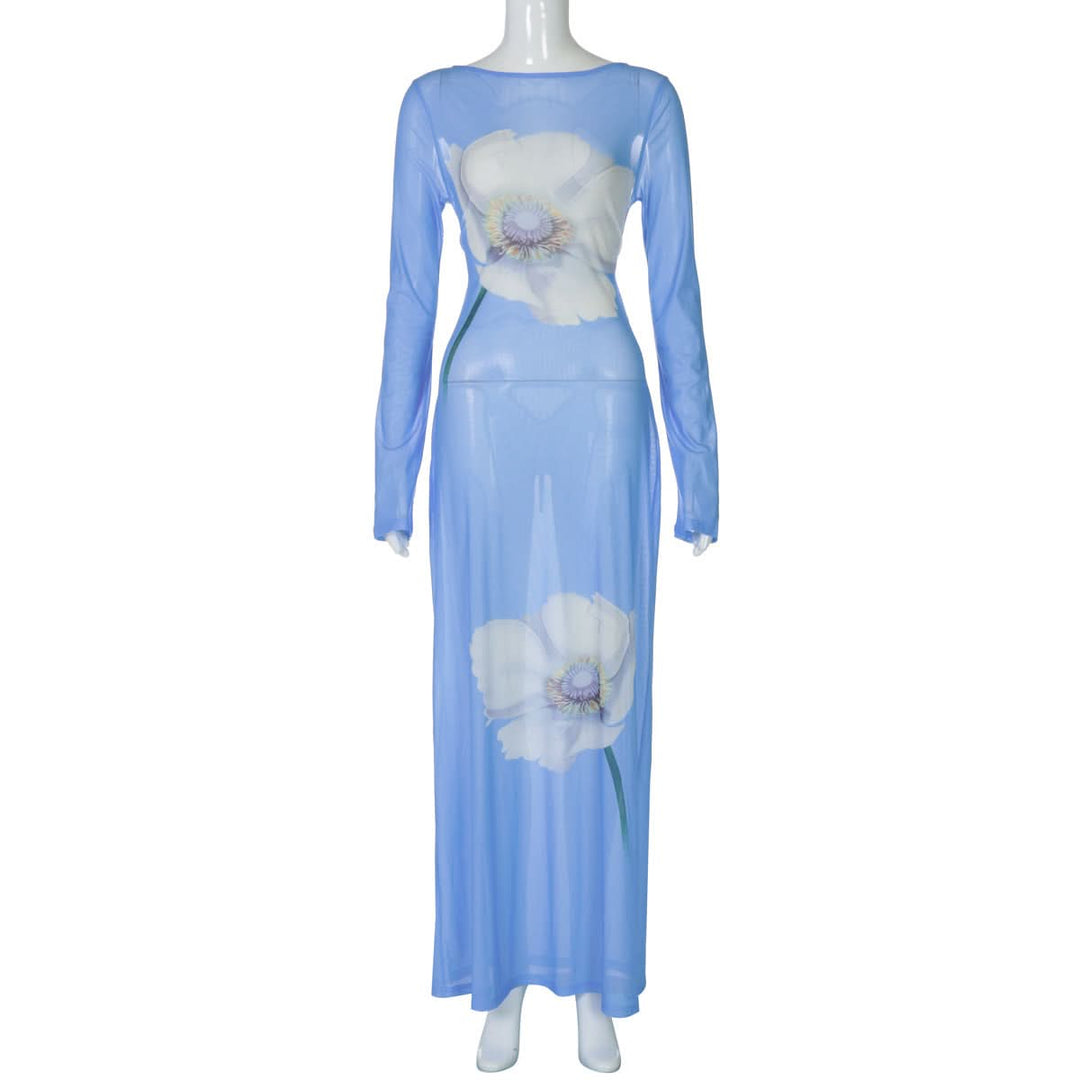 Long sleeve flower print self tie mesh maxi dress  | Festival Outfits Women