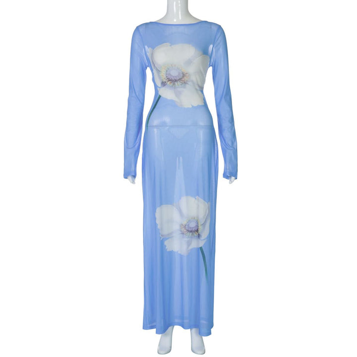 Long sleeve flower print self tie mesh maxi dress  | Festival Outfits Women