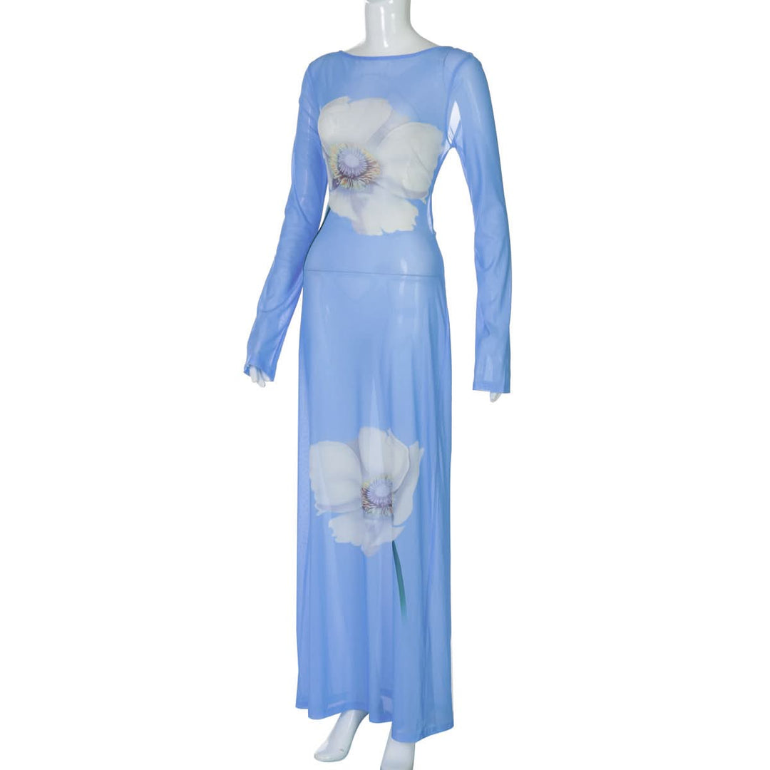 Long sleeve flower print self tie mesh maxi dress  | Festival Outfits Women