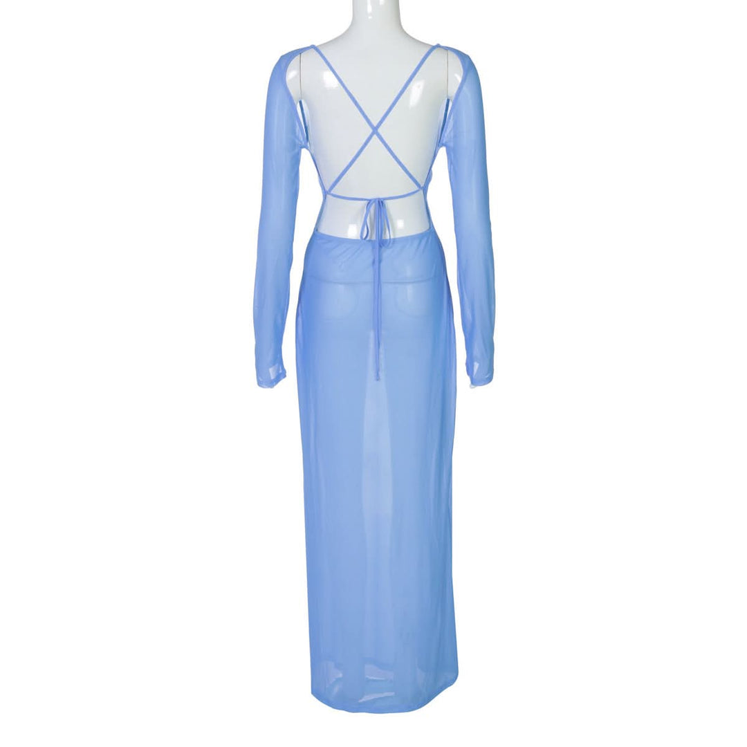 Long sleeve flower print self tie mesh maxi dress  | Festival Outfits Women