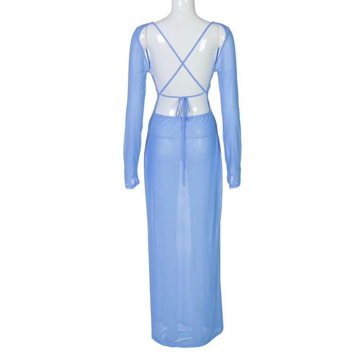 Long sleeve flower print self tie mesh maxi dress  | Festival Outfits Women