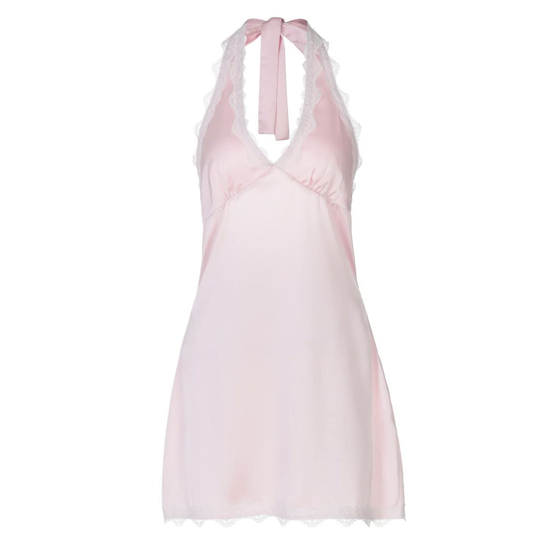 Lace hem v neck halter zip-up self tie mini dress  | Festival Outfits Women