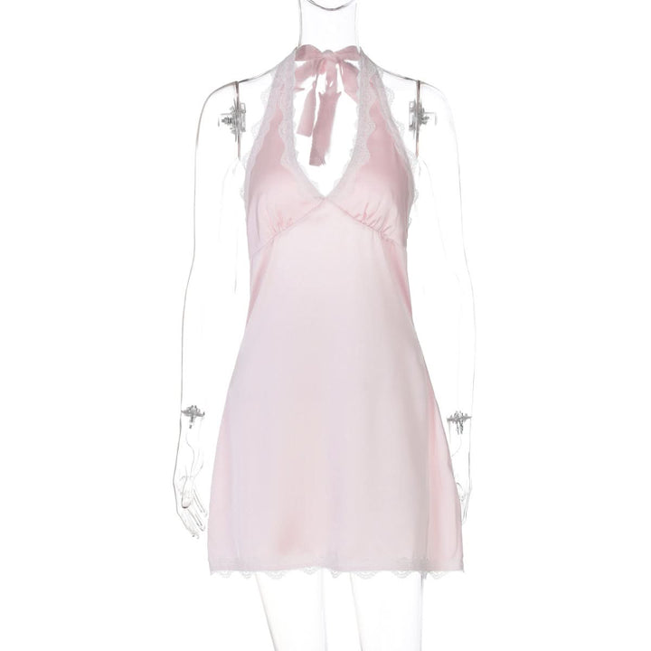 Lace hem v neck halter zip-up self tie mini dress  | Festival Outfits Women