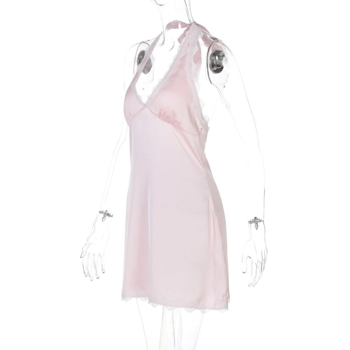 Lace hem v neck halter zip-up self tie mini dress  | Festival Outfits Women