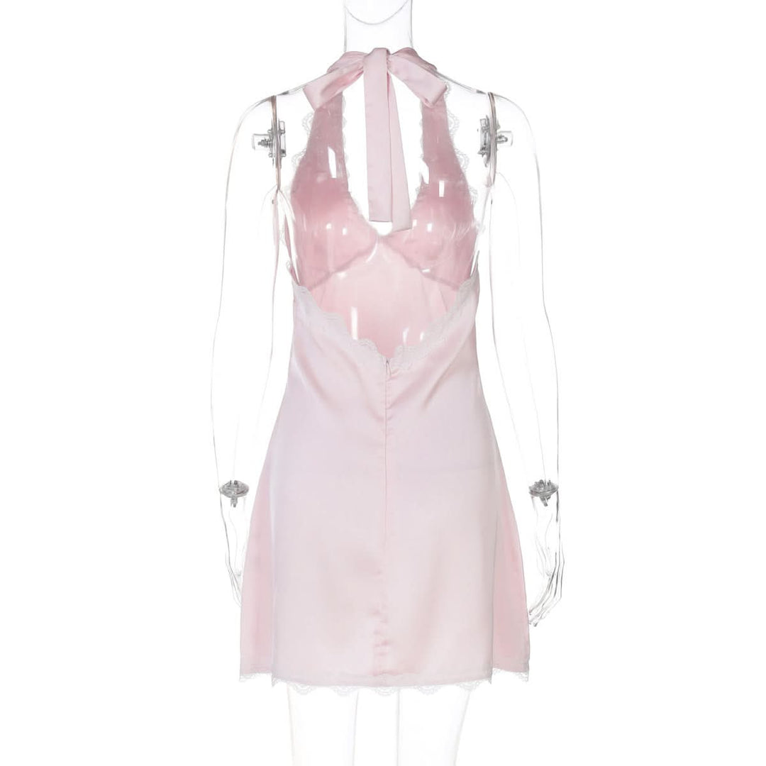 Lace hem v neck halter zip-up self tie mini dress  | Festival Outfits Women